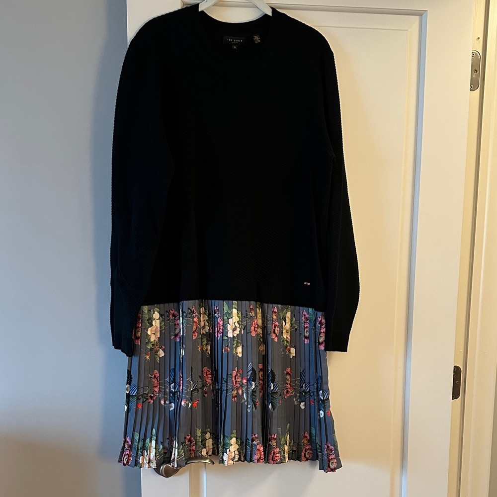 Ted Baker Black Knit Sweater with fun pleated print skirt
